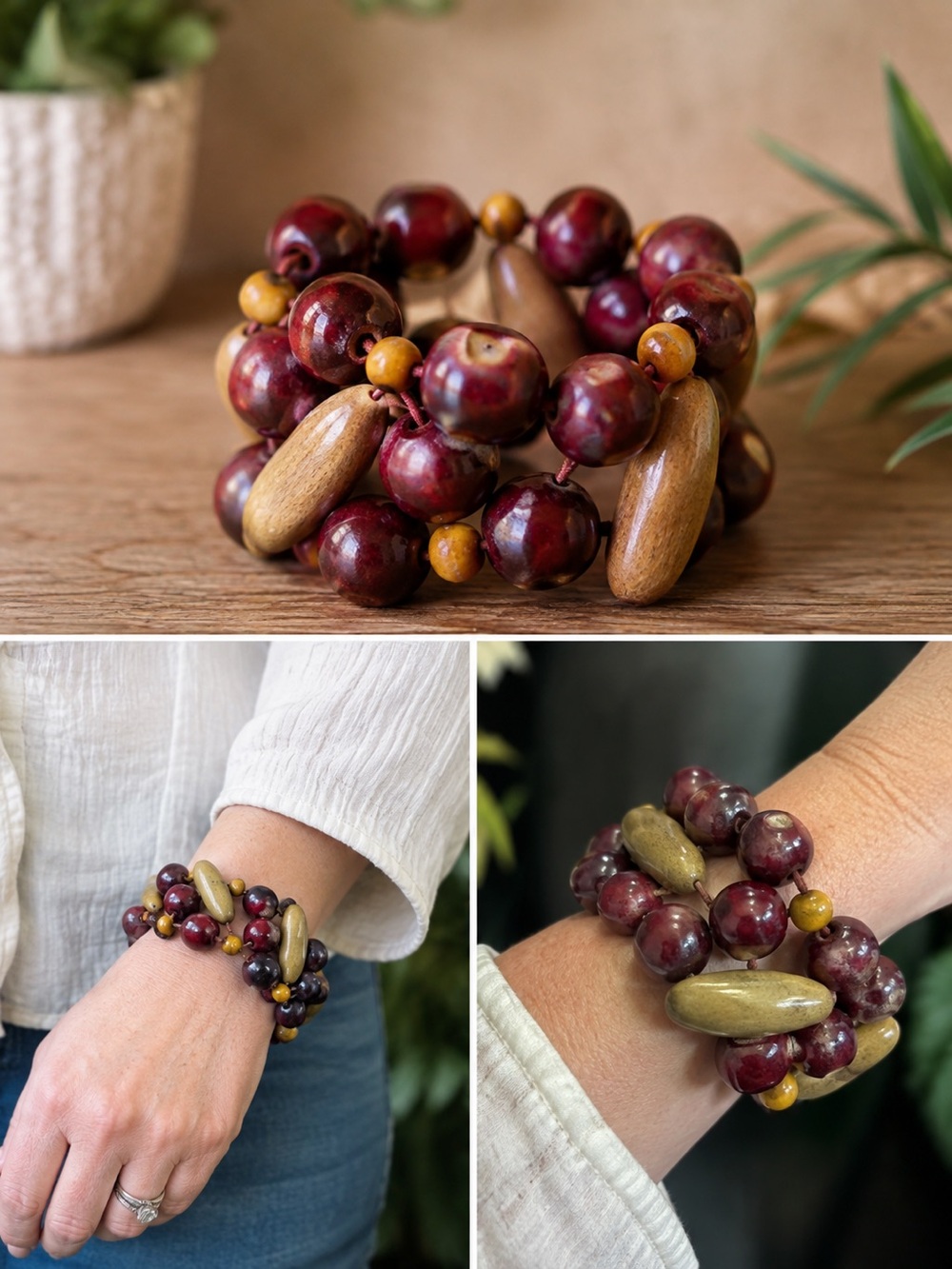 Boho Artist style painted Wood & Bead Stretch Bracelet - Burgundy and Mustard
